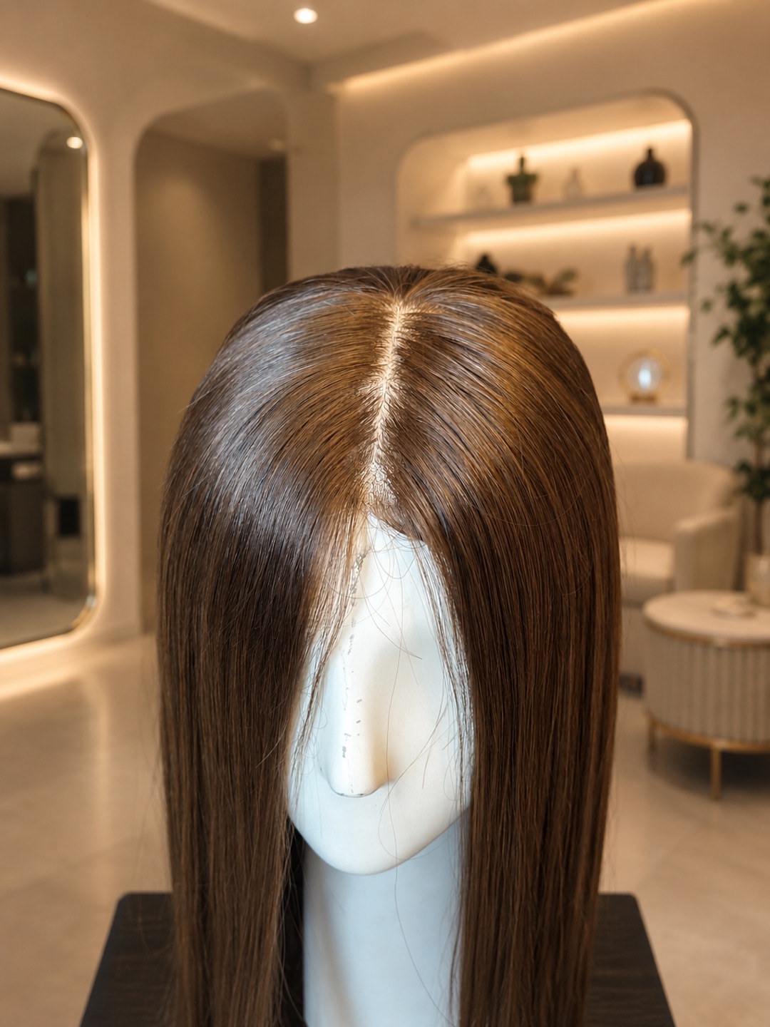 Close view of the Alisha wig's hand-tied center part, where the Scalp Simulation panel mimics the look of a real scalp.