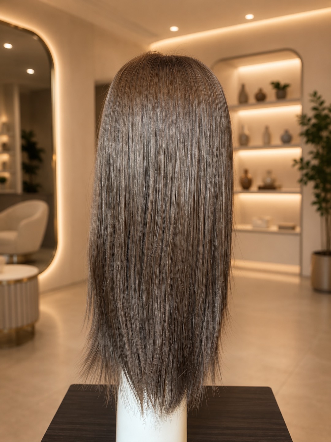 Back view of the Alisha wig showing the full 18" length and blunt silky straight ends.
