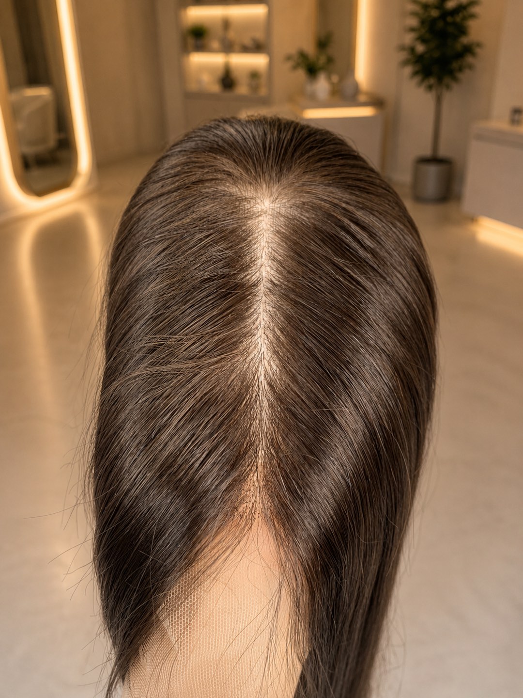 Overhead view of the Alisha wig showing the Scalp Simulation part and the pre-cut lace at the hairline.