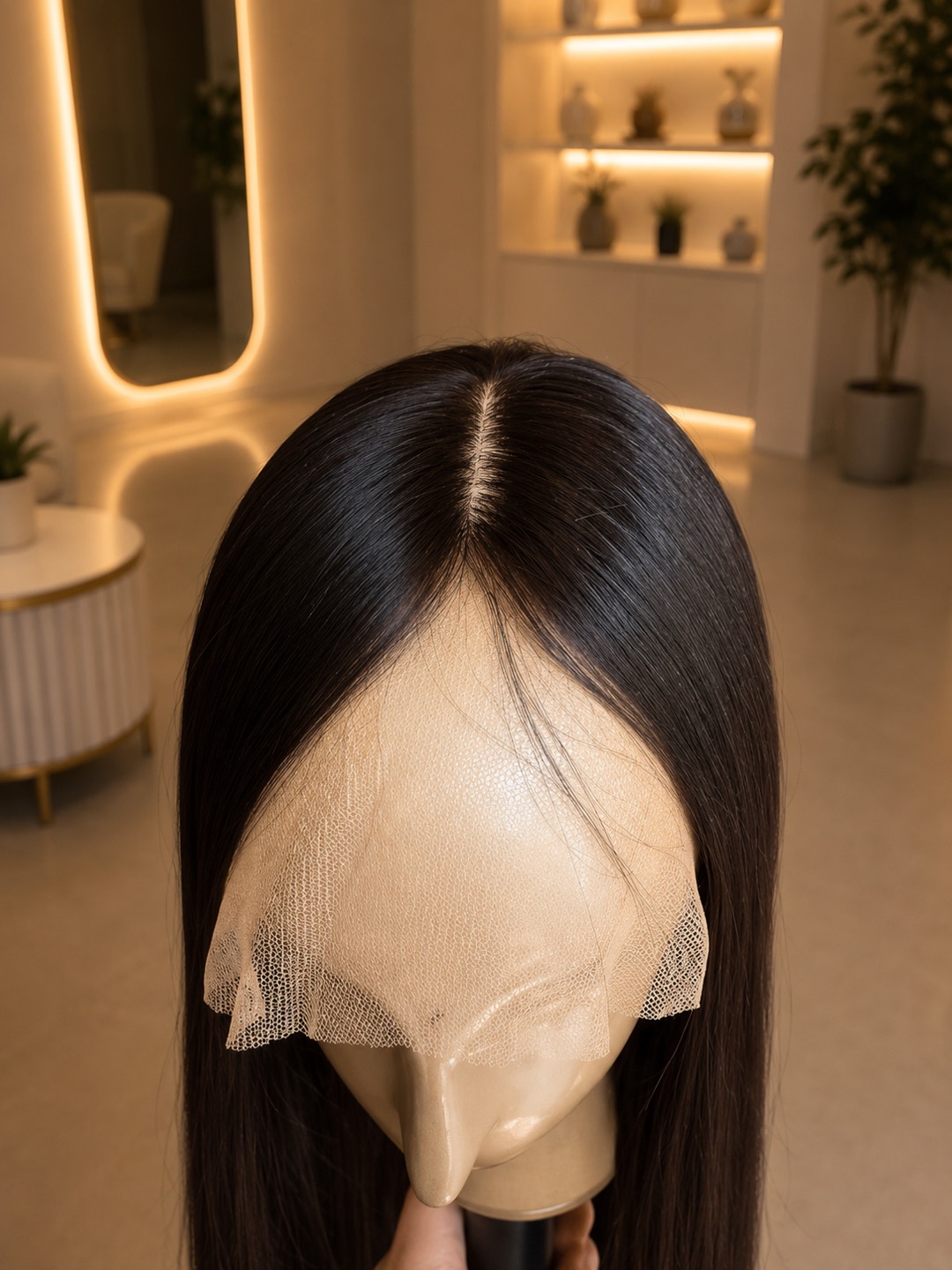 Overhead view of the Amara wig showing the Scalp Simulation part and the full lace front panel.